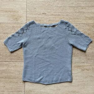 Dana‎ Buchman Womens Small Petite Blue Crochet Short Sleeve Blouse